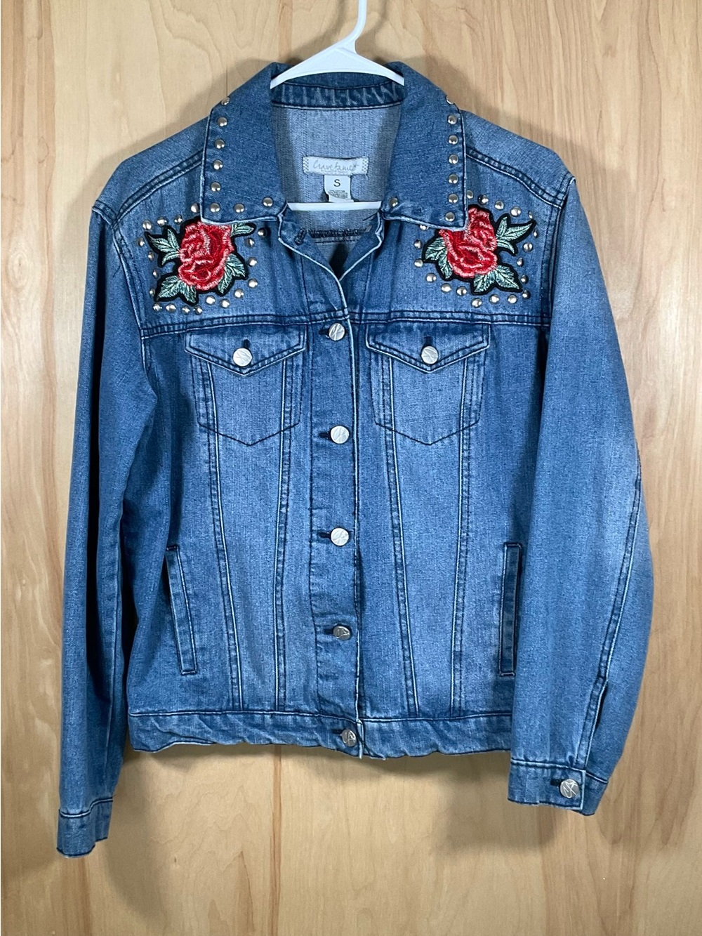 Crave fame by Almost Famous Rose Appliqué Studded Denim Jacket - EUC